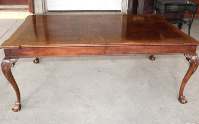 Banded burl mahogany ball and claw dining room table with 2 silverware drawer and (2) 24" leaves