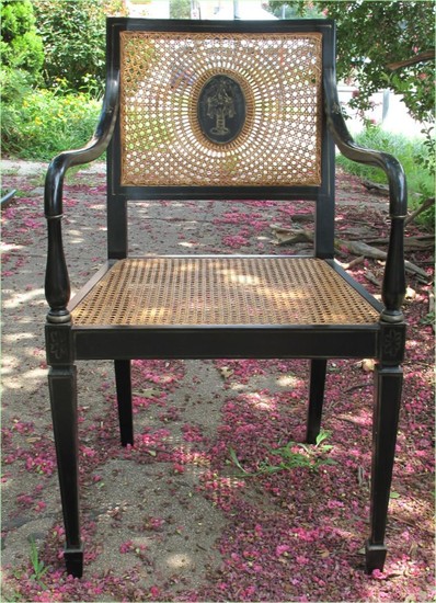 British Regency style black lacquered & parcel gilt Chinoiserie decorated cane armchair c1930 FR3SH