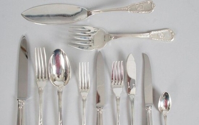 CARDEILHAC, Part of housewife, silver 950 thousandths, decorated with garland of laurels, staples and leafy medallions. Including 12 spoons and 4 table spoons, 12 entremet forks, 3 fish cutlery, 4 small spoons, one fish serving set, 12 table knives...