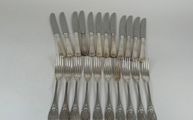 CHRISTOFLE. Série de huit fourchettes de table en métal argenté, modèle à filet feuillagé. L....