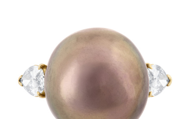 COLOURED NATURAL PEARL AND DIAMOND RING