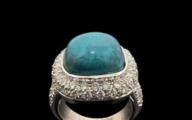 Cabochon Turquoise and Diamond Ring in 18K White Gold Size 6.75