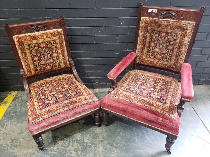 Carved Back Mahogany Grandfather and Grandmother Chairs