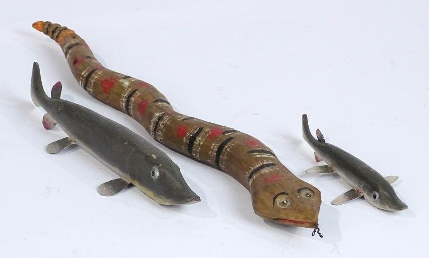 Carved Snake & Fish Decoys
