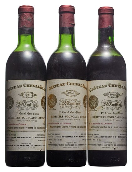 Château Cheval-Blanc 1961, Saint-Emilion, 1er grand cru classé (A) Corroded and slightly damaged capsules, bin-soiled labels Levels one mid-upper, one mid, and one low shoulder