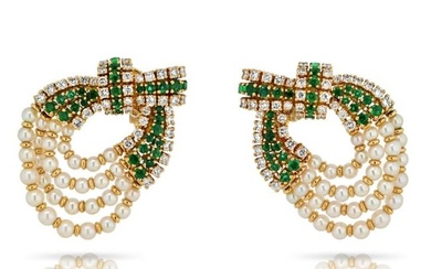 Chaumet Platinum & 18K Yellow Gold Diamond Pearl And Green Emerald Clip Earrings