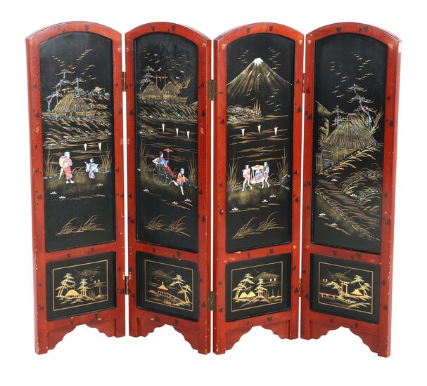 (-), Cherry-coloured 3-fold folding screen with a Japanese...
