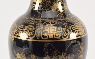 Chinese 19th century mirror black porcelain large vase with gilt figural decoration. 17.25in high.