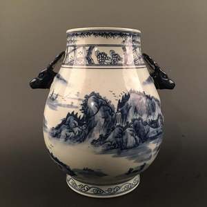 Chinese Blue-White 'Landscape' Deer-Head Handle Jar