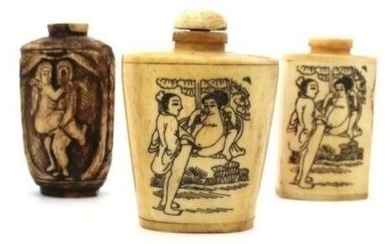 Chinese Hand Carved bone Snuff Bottles with detailed EROTIC ink drawing
