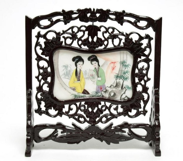 Chinese Hand-Painted & Carved Wood Table Screen