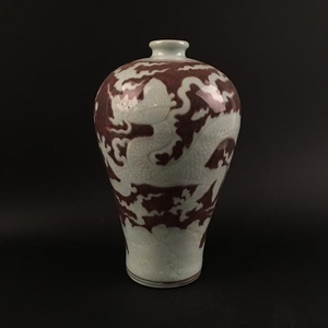 Chinese White Glazed Copper Red 'Dragon' Meiping Vase