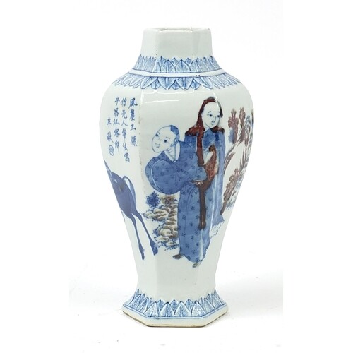 Chinese blue and white with iron red porcelain hexagonal vas...