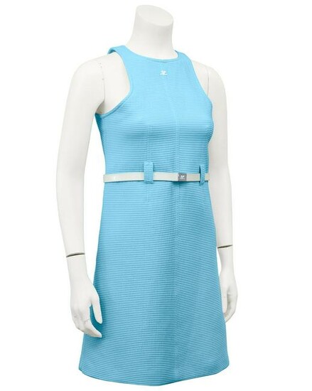 Courrèges Blue Cotton Ribbed Day Dress with White Belt