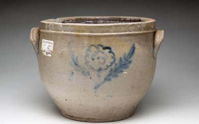 DECORATED STONEWARE CROCK WITH FLOWER.