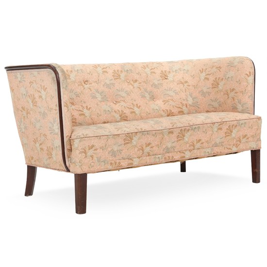Danish cabinetmaker: Two seater sofa with mahogany frame. Upholstered with rose coloured floral fabric. L. 140 cm.