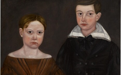 Double Portrait: Brother and Sister Holding A Cat, American School, 19th Century