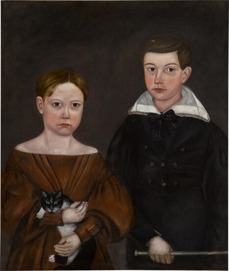 Double Portrait: Brother and Sister Holding A Cat, American School, 19th Century
