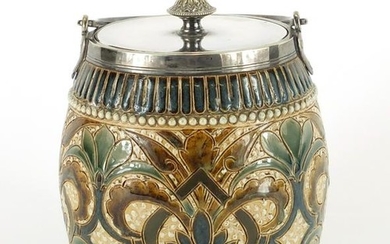Doulton Lambeth stoneware biscuit barrel with silver
