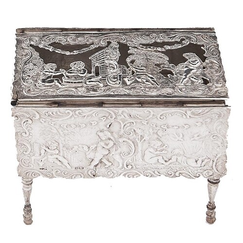 Dutch Toy. A miniature silver drop leaf table, the leaves a...