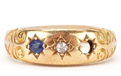 Edwardian 18ct gold diamond and sapphire ring with engraved ...