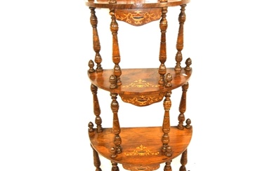 Edwardian inlaid mahogany 4-tier bowfront whatnot with pierc...