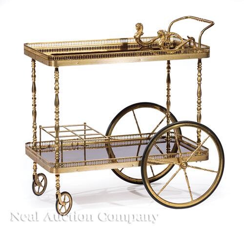 Egyptian Revival Brass and Wood Bar Cart