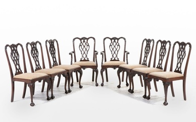 Eight Chippendale Style Carved Mahogany and Custom-Upholstered Dining Chairs