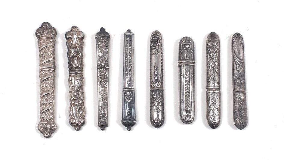 Eight French silver needle cases, 19th century, variously designed with floral, scroll and foliate decoration, total weight approx. 1oz (8)