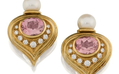 Elizabeth Gage. A pair of pink tourmaline, cultured pearl and diamond earrings, by Elizabeth Gage, each designed as a drop-shaped panel with central collet-set pink tourmaline, with brilliant-cut diamond nine stone detail and single cultured pearl...