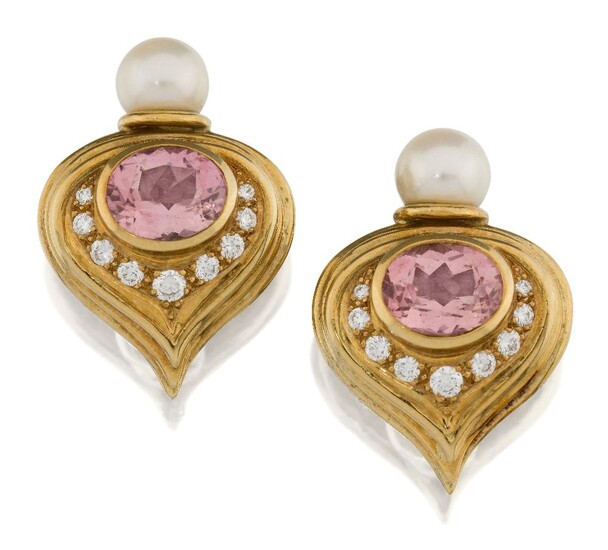 Elizabeth Gage. A pair of pink tourmaline, cultured pearl and diamond earrings, by Elizabeth Gage, each designed as a drop-shaped panel with central collet-set pink tourmaline, with brilliant-cut diamond nine stone detail and single cultured pearl...