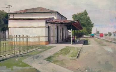 FRANCISCO RODRÍGUEZ LOBO (Cantillana, Séville, 1965)."Vieille gare".Huile sur bois.Signée dans le coin inférieur droit.Dimensions :...