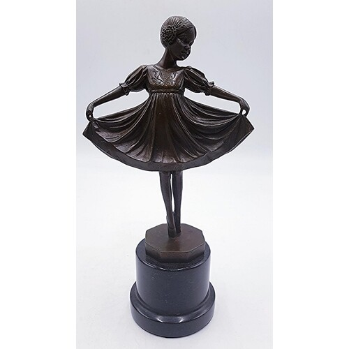 FRENCH BRONZE 30cm FIGURINE OF A GIRL MOUNTED ON A MARBLE BA...