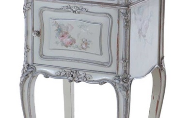 FRENCH LOUIS XV STYLE PAINT DECORATED MARBLE TOP NIGHT STAND...