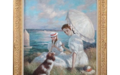 Fine 20th C. Oil on Canvas Painting Two Fashion Women with Dog at Beach Shore, Artist Signed