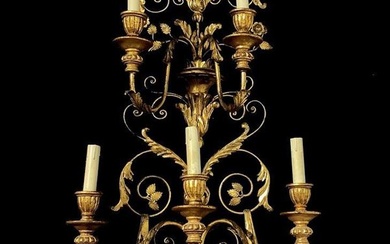 Five-light wall lamp in wood and golden metal, Early 20th century