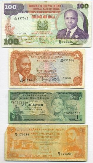 Four (4) African Banknotes - Kenya and Ethiopia