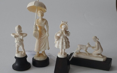 Four European ivory sculptures on wooden base, some appr. 1900 and 1 x art deco period, h. 5-10,5 cm (4x)