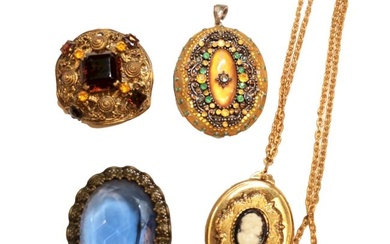 Four Gold Tone Multi-Color Rhinestone Crystal Cameo Brooch & Pendant & Necklace