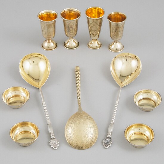 Four Russian Silver and Silver-Gilt Vodka Cups, Four Small Bowls and Three Spoons, late 19th/early 20th century
