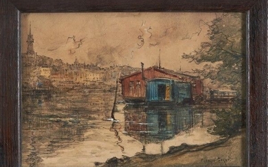Francis GARAT (1853-1914) Maison Flottante sur le fleuve Crayon et aquarelle signés en bas à...