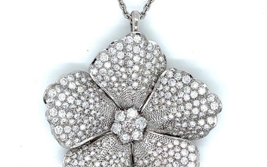 French 18K White Gold Diamond Flower Brooch/Pendant w/ 14K Chain