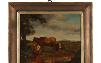 French School (19th Century), Pastoral Landscape with Figure and Cattle
