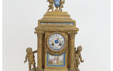 French gilt ormolu mantel clock, late 19th Century, surmount...