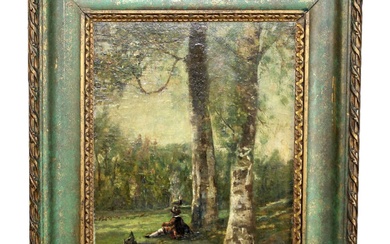 French oil on board painting landscape with trees