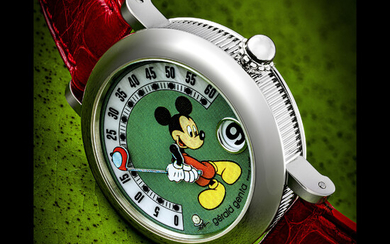 GERALD GENTA. A STAINLESS STEEL AUTOMATIC WRISTWATCH WITH JUMP HOUR, RETROGRADE MINUTE AND MOTHER-OR-PEARL DIAL MICKEY MOUSE RETRO FANTASY MODEL, CIRCA 2002