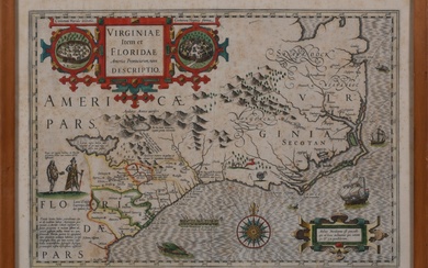 GERARDUS MERCATOR and JOCODUS HONDIUS, FLEMISH/DUTCH , EARLY MAP OF VIRGINIA AND FLORIDA, 17TH CENTURY, Hand-colored engraving, Frame: 22 x 17 in. (55.9 x 43.2 cm.)