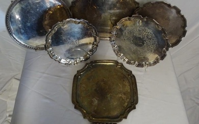 GROUP OF 7 SILVERPLATE TRAYS, INC.. THREE FOOTED AND TWO TIFFANY AND CO., 14" DIA. LARGEST