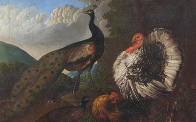 German School, first half 18th century - Landscape with Peacocks, Rooster, Turkey and Rabbit