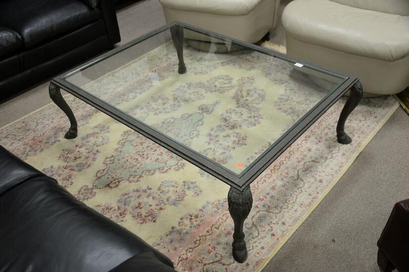 Glass top coffee table with iron base, ht. 15", top 35"